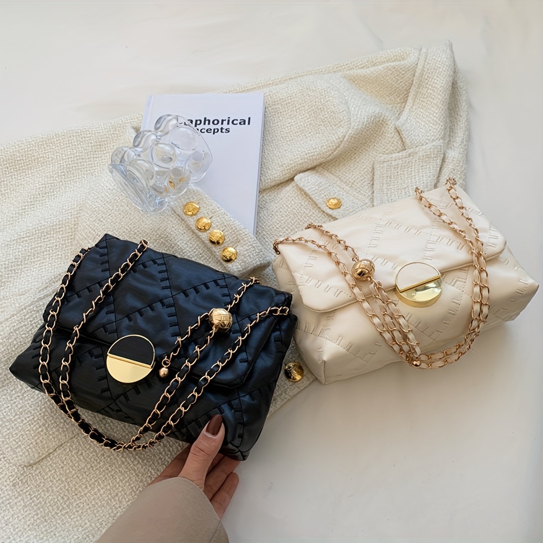 Embroidered Chain Crossbody Bag, Fashion Buckle Decor Shoulder Bag, Women's PU Leather Flap Purse