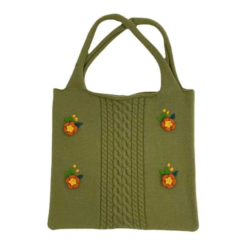 Embroidered Flower Decor Knit Bag, Large Capacity Woven Purse, Women's Shoulder Crochet Bag