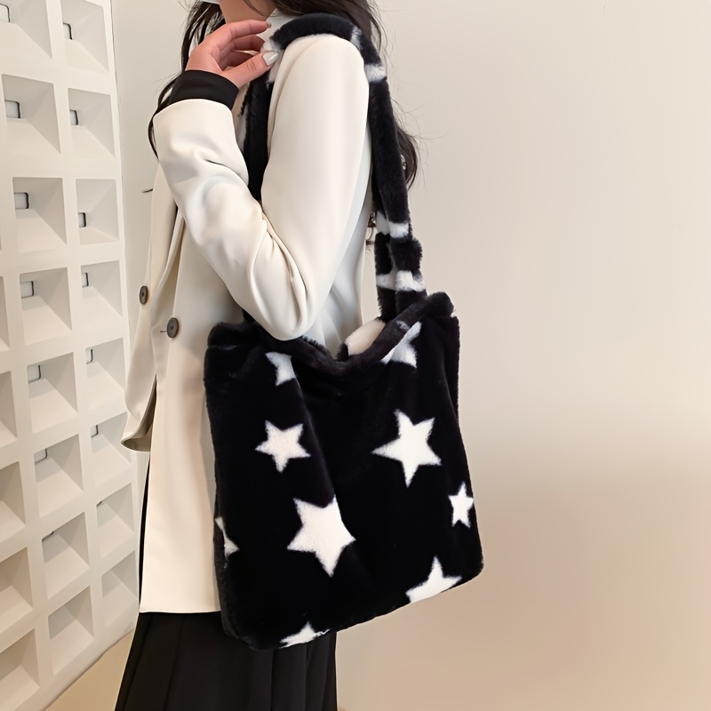 Star Pattern Plush Tote Bag, Trendy Faux Fur Shoulder Bag, Women's Large Capacity Handbag