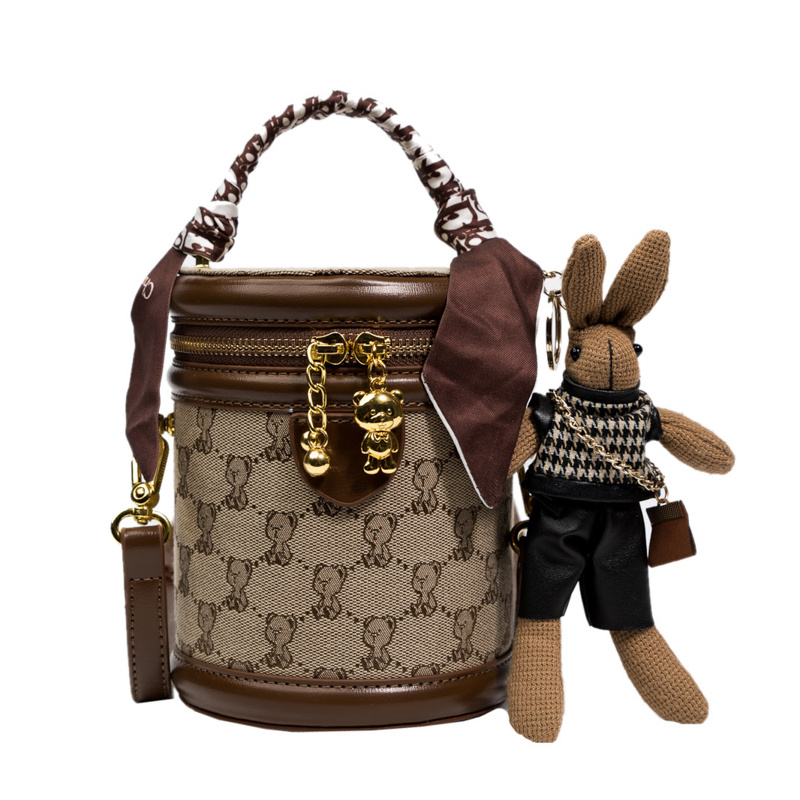 Bear Pattern Cylinder Bucket Bag, Small Scarf Decor Zipper Shoulder Purse, Trendy Crossbody Bag With Bag Charm