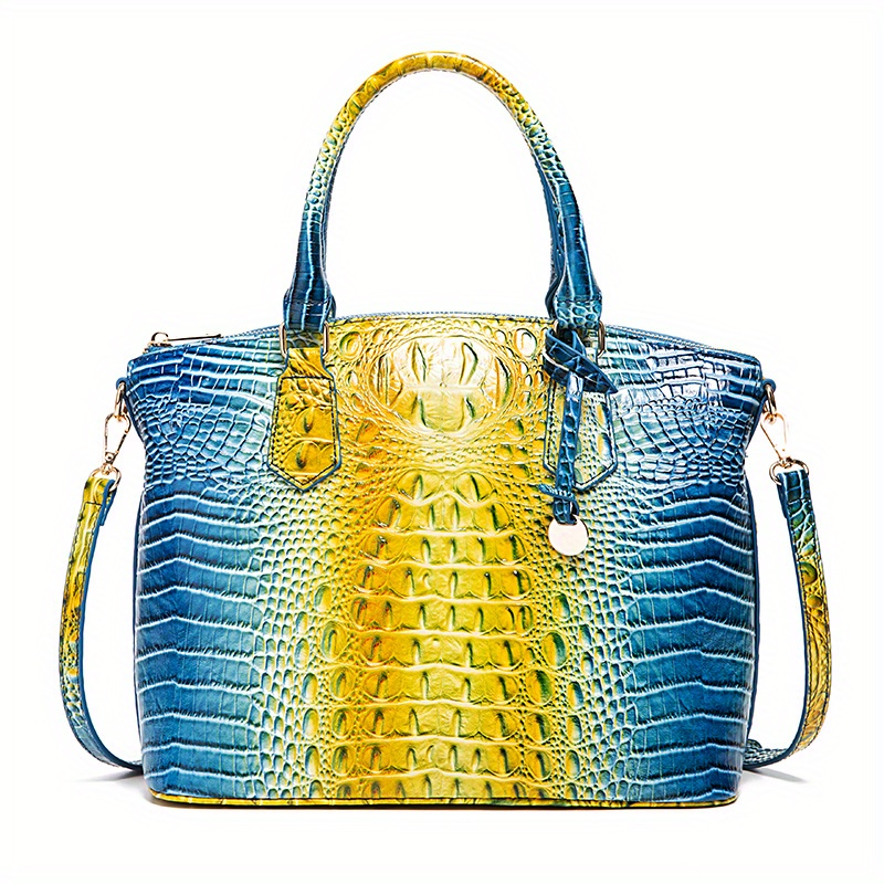 Ombre Crocodile Pattern Handbag, Women's Leather Shoulder Bag, Vintage Top Handle Purse