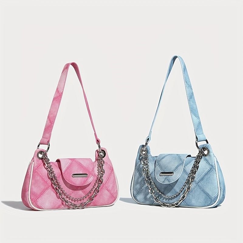 Fashion Argyle Pattern Shoulder Bag, Vintage Chain Baguette Bag, Women's Square Underarm Purse