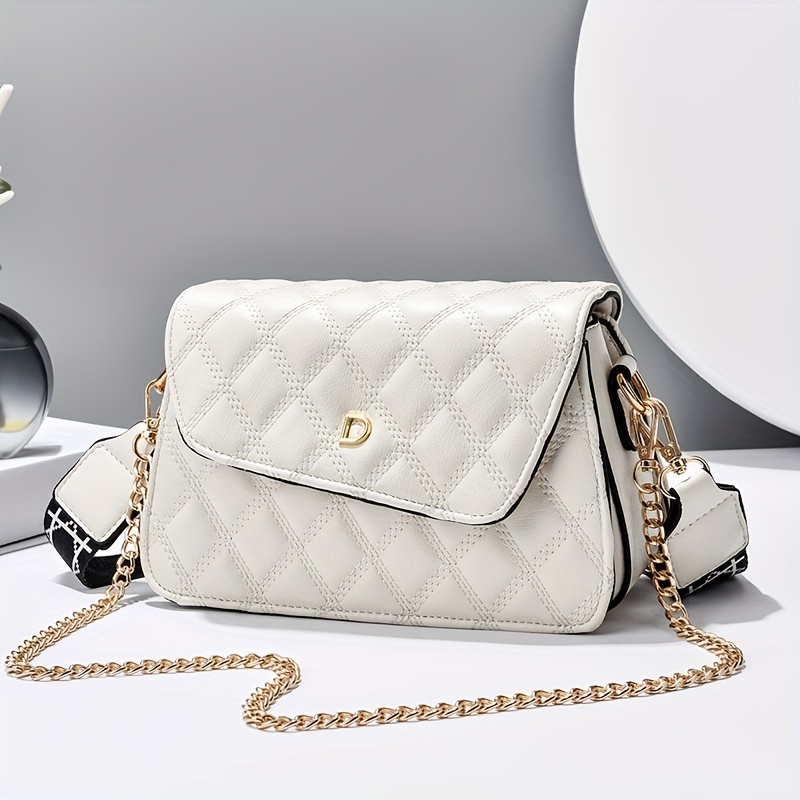 Quilted Chain Crossbody Bag, Trendy Solid Color Shoulder Bag, Women's Small PU Flap Purse