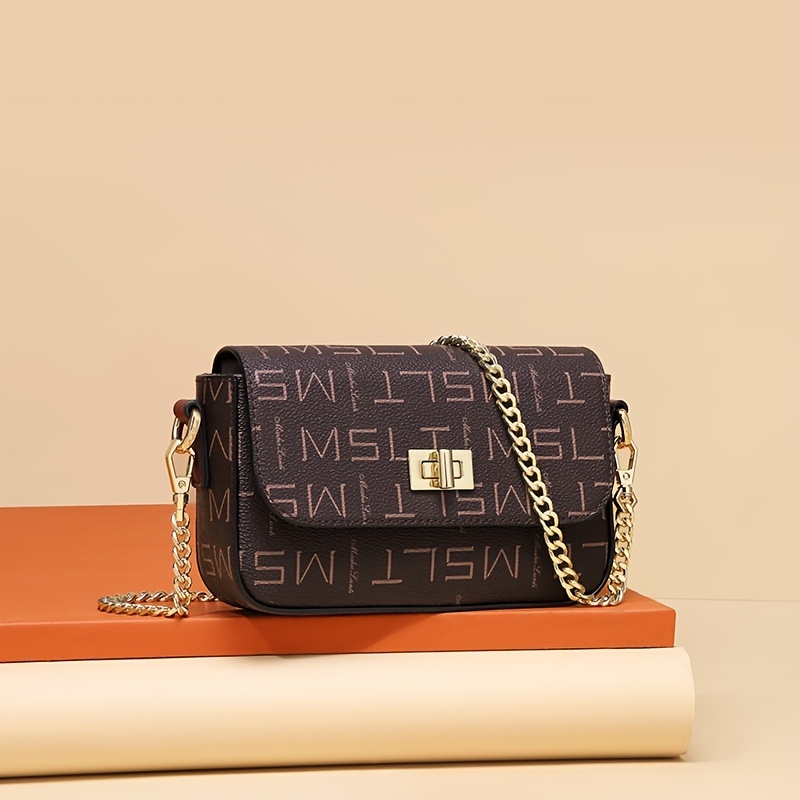Small Letter Print Square Bag, Women's Buckle Decor Crossbody Bag, Fashion Chain Shoulder Purse