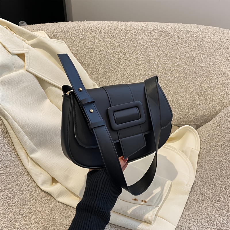 Women's Faux Leather Saddle Bag, Fashion Solid Color Buckle Decor Crossbody Bag For Work