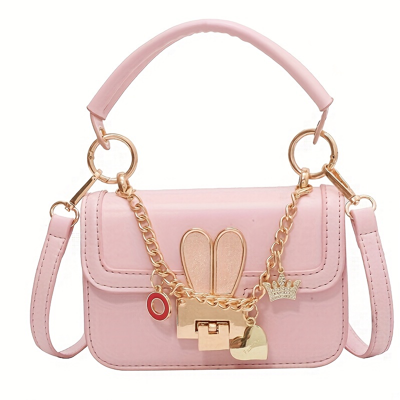 Kawaii Metal Bunny Decor Shoulder Bag, Trendy Square Crossbody Bag, All-Match Chain Bag