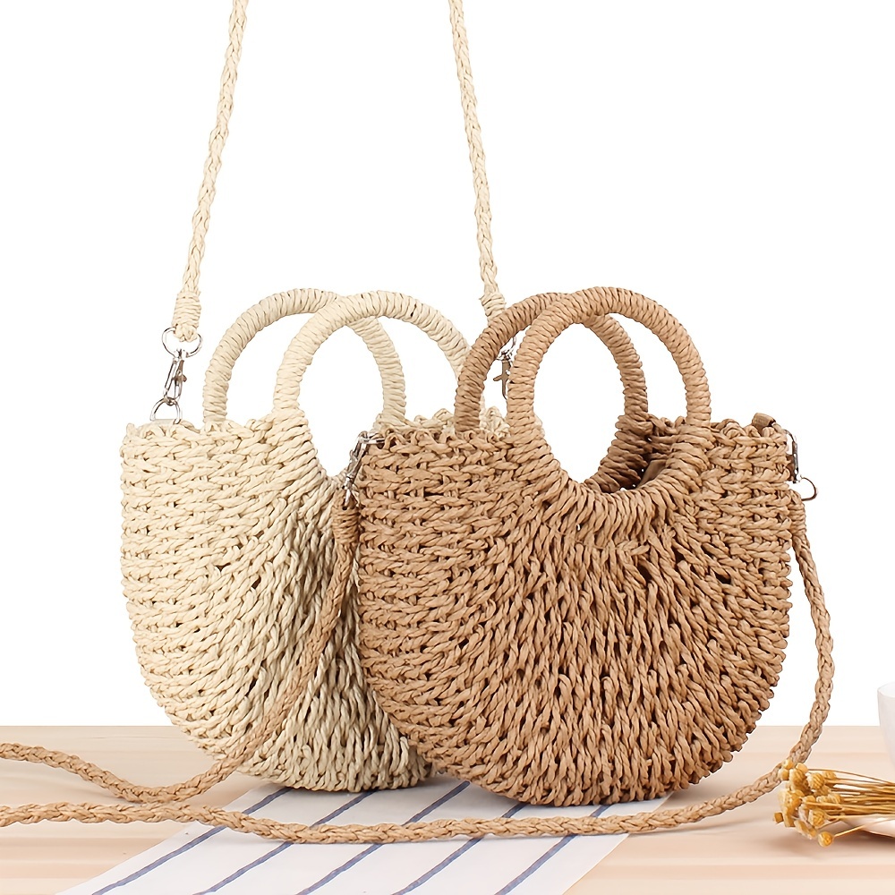 Half-Round Woven Straw Bag, Women's Summer Crossbody Bag, Casual Beach Handbag For Holiday