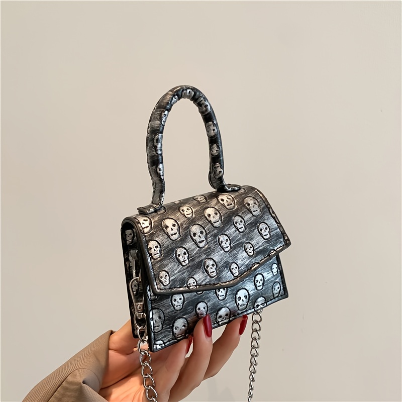 Skull Pattern Flap Square Bag, Stylish Hand Bag, Small Chain Shoulder Purse For Work