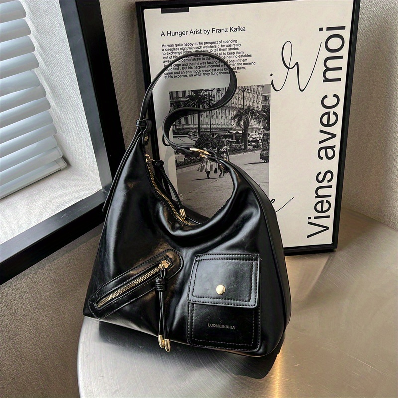 Trendy Street Wear Shoulder Bag, Y2K PU Leather Hobo Bag, Zipper Decor Boho Bag For Girls & Women