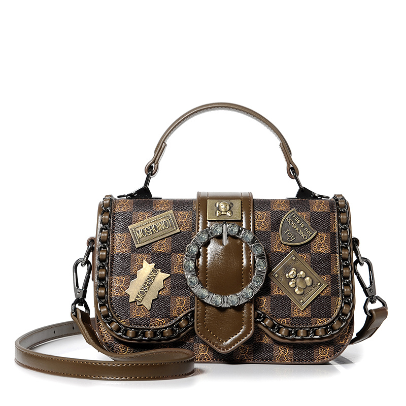 Plaid Pattern Handbag With Metal Badge, Vintage Chain Decor Shoulder Bag, Women's Flap Purse