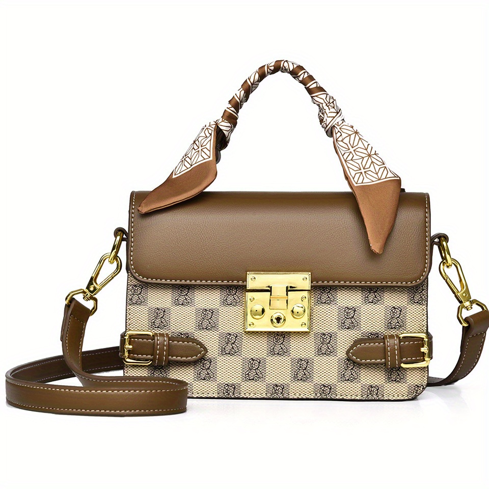 Bear Print Square Handbag, Trendy Buckle Decor Crossbody Bag, Women's PU Leather Flap Purse