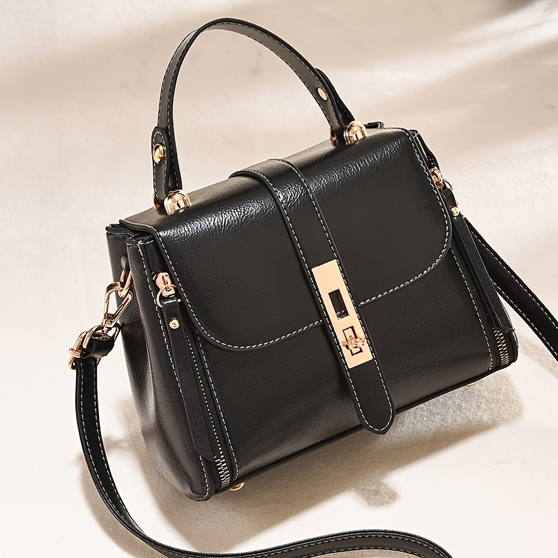 Stylish Buckle Decor Satchel Bag, Women's Faux Leather Flap Purse, Casual Solid Color Shoulder Bag