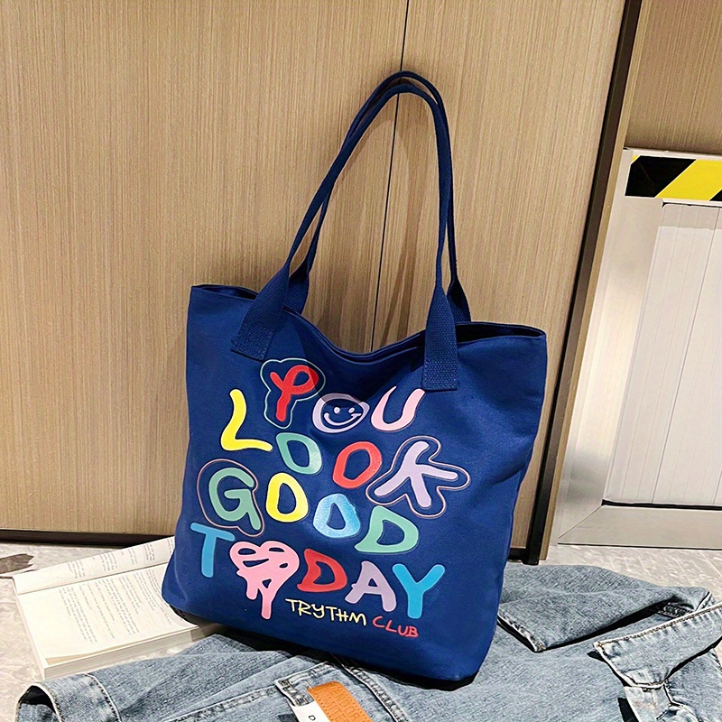 Graffiti Letters Tote Bag, Trendy Canvas Handbag For Women, Large Capacity Shoulder Bag For Work School