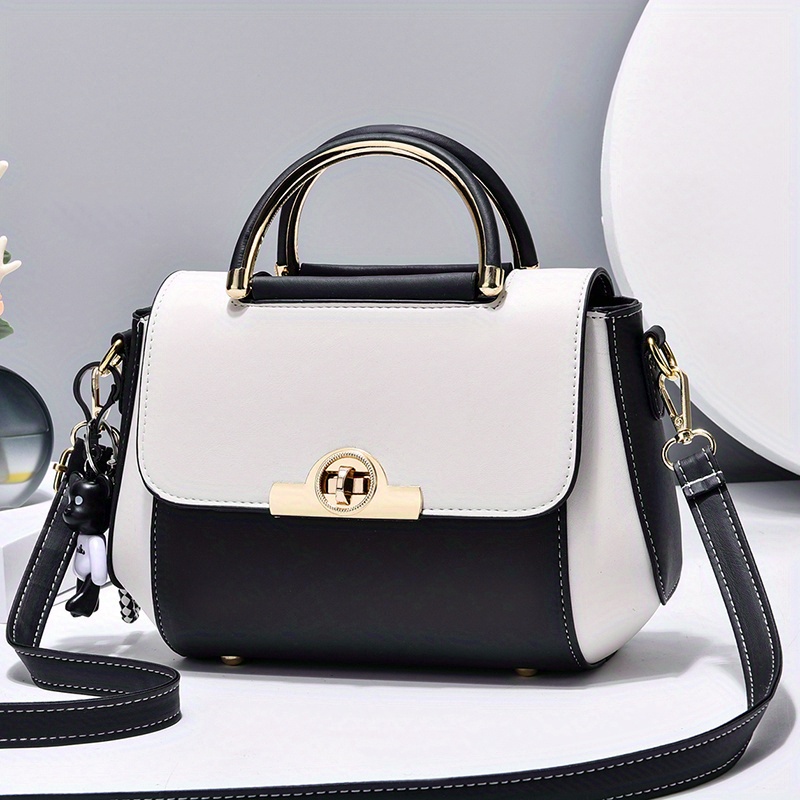 Fashion Two Tone Handbag, Women's Turn Lock Flap Purse, Faux Leather Crossbody Bag For Everyday