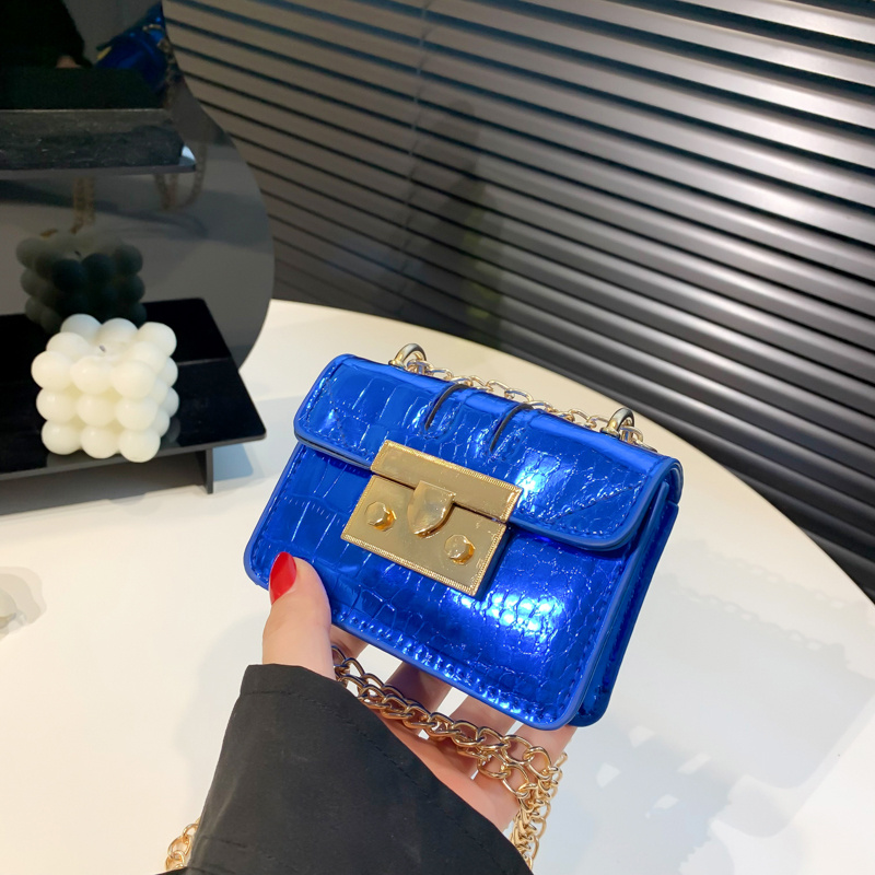 Mini Artificial Patent Leather Purse, Neon-pink Crocodile Embossed Push Lock Chain Shoulder Bag