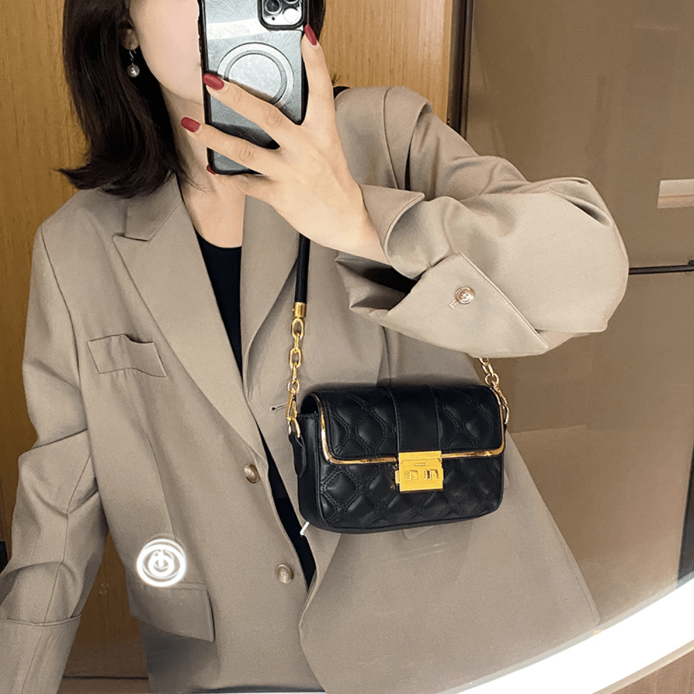 Argyle Chain Crossbody Bag, Buckle Decor Shoulder Bag, Women's PU Flap Square Purse