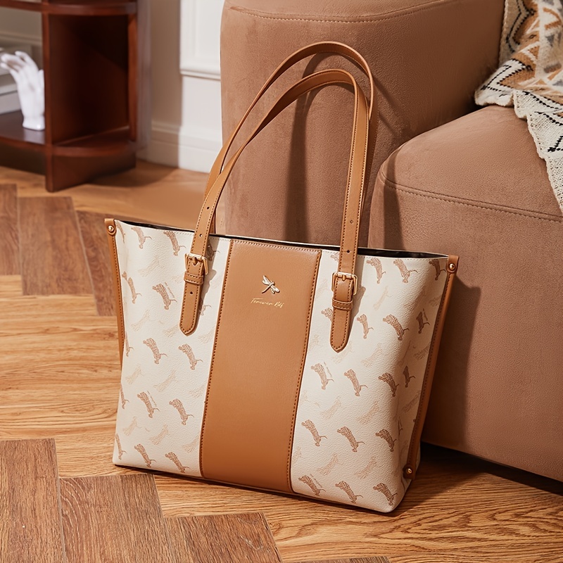Allover Animal Print Tote Bag, Fashion Two Tone Shoulder Purse, Women's Large Capacity Handbag