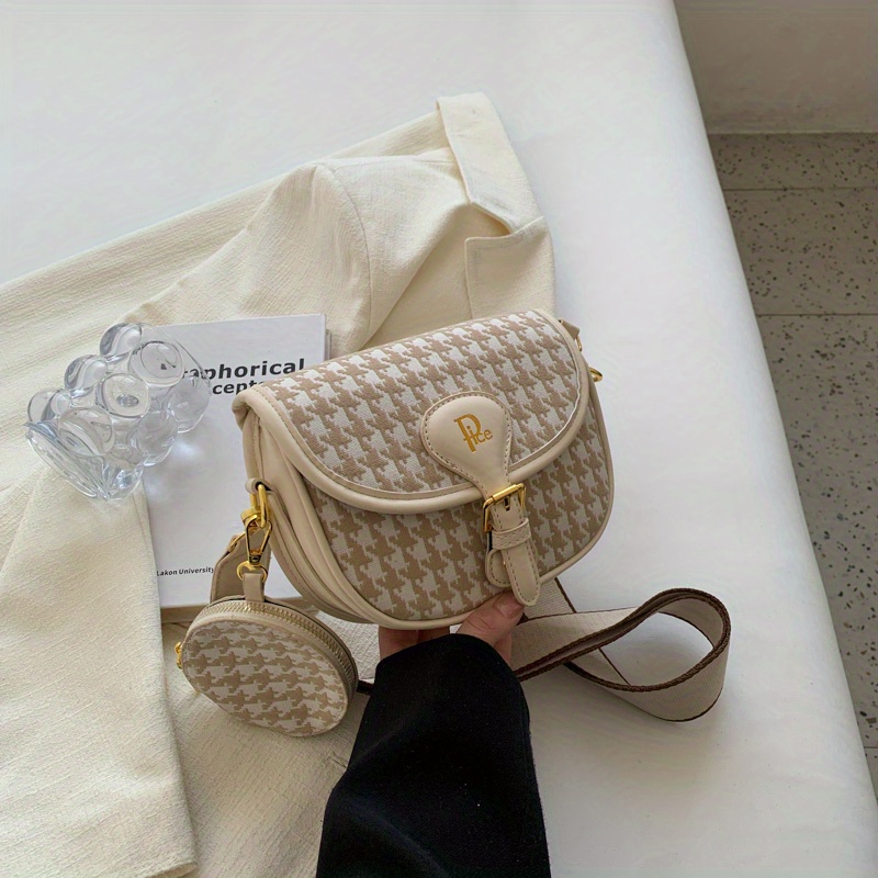 Houndstooth Saddle Bag Set, Trendy Crossbody Bag With Coin Purse, Women's Small Flap Shoulder Bag
