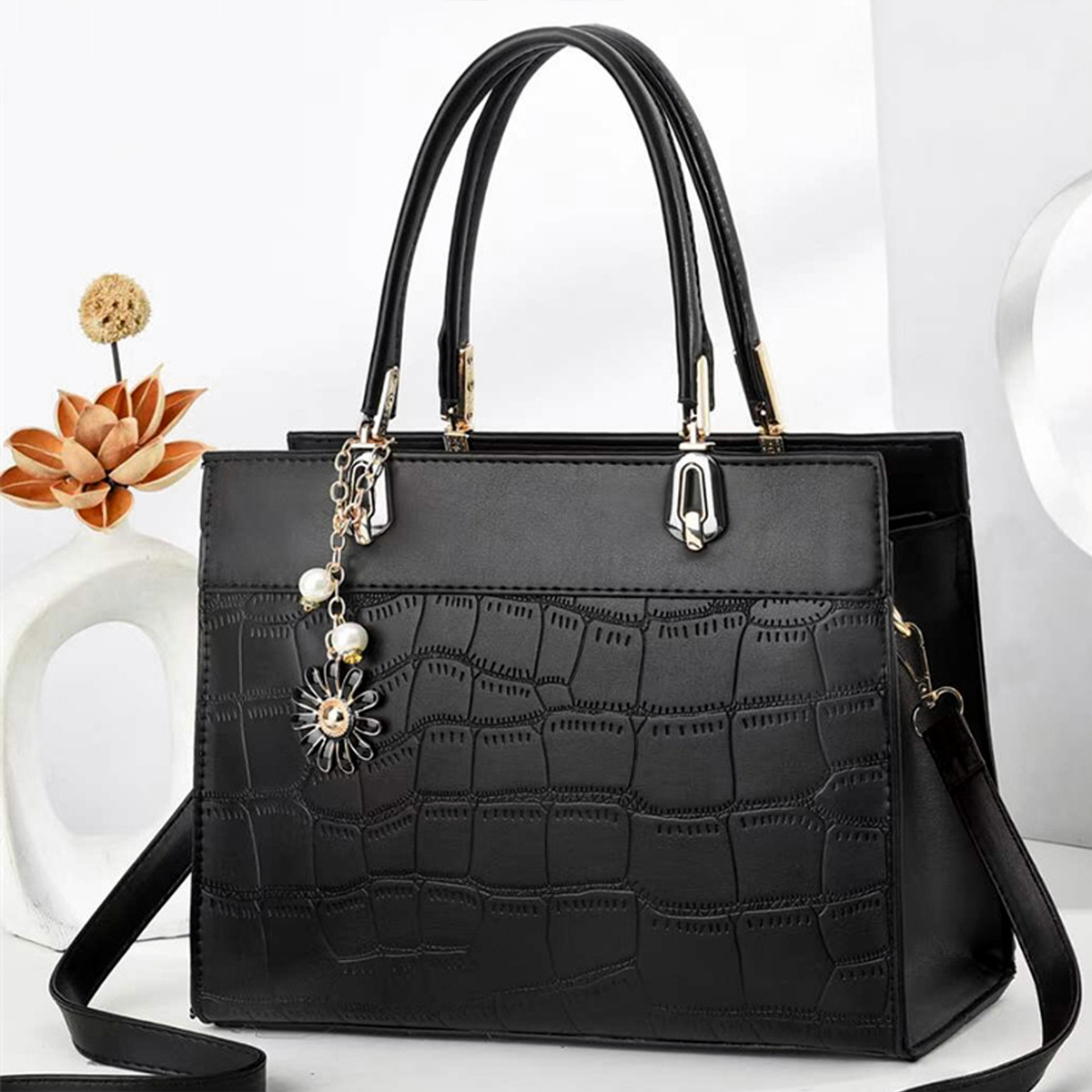 Croc Embossed Shoulder Bag, Women's Black Handbag Faux Leather Double Handle Bag