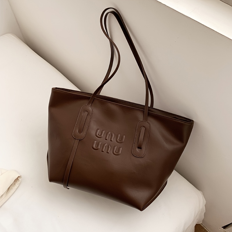 Women's Soft Faux Leather Tote Bag, Letter Embossed Large Capacity Shoulder Bag For Work