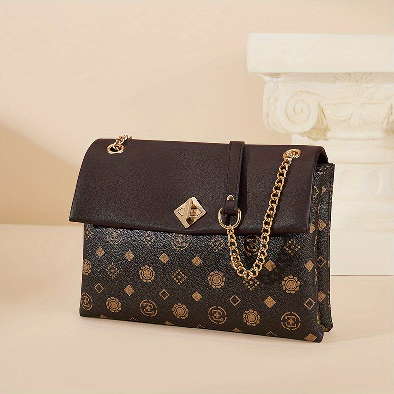 Fashion Printed Chain Crossbody Bag, Women's Turn Lock Flap Purse, Casual Square Shoulder Bag
