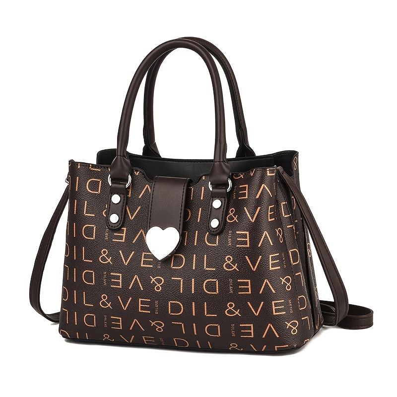 Fashion Letter Print Hand Bag, Women's Retro Buckle Decor Shoulder Bag With Zipper For Work