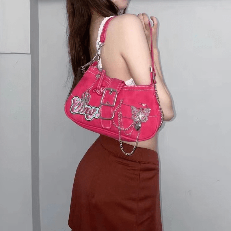 Y2K Pink Chain Shoulder Bag, Vintage Butterfly Crossbody Bag, Punk Style Underarm Purse For Girls & Women