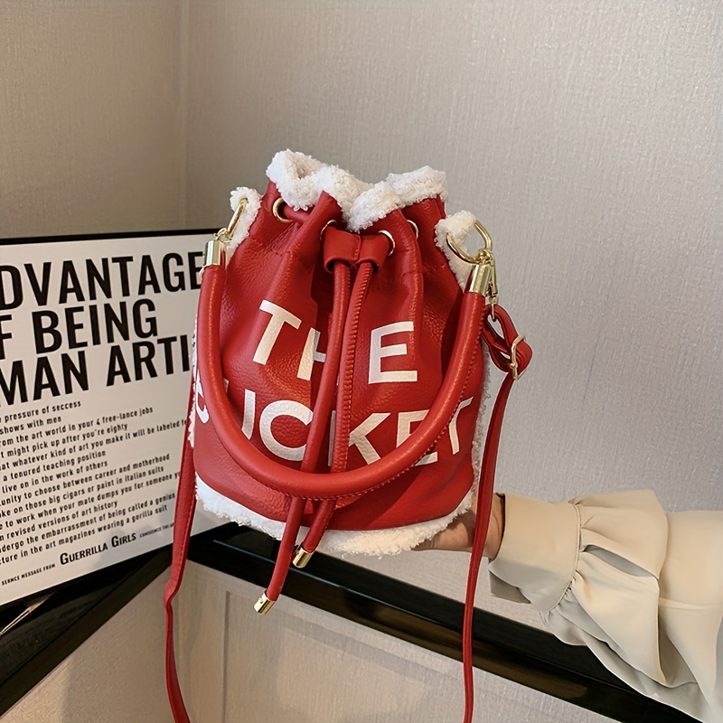 Plush Trim Bucket Bag, Letter Print Crossbody Bag, Women's Drawstring Design Handbag