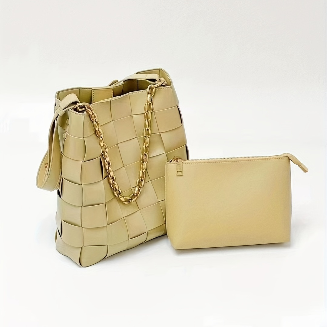 2Pcs Woven Bucket Bag, Large Capacity Shoulder Bag, Fashion Chain Handbags With Inner Pouch