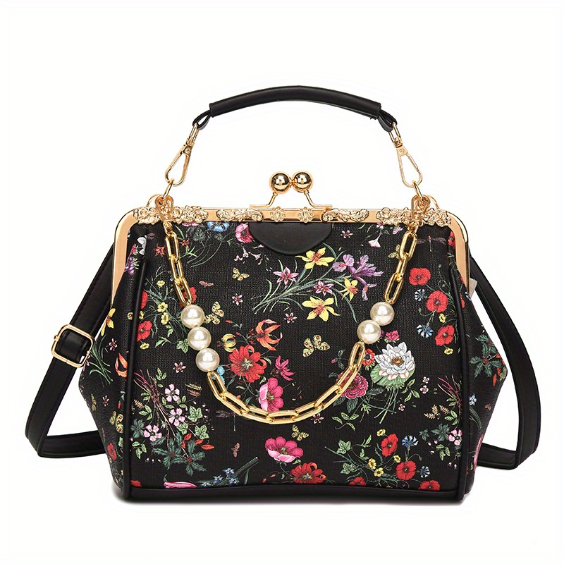 Floral Pattern Handbag, Faux Pearl Chain Clutch Purse, Women's Kiss Lock Crossbody Bag