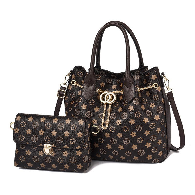 Women's  Printed Shoulder Bag Set, Buckle Decor Large Handbag & Clutch Bag Wirh Chain For Work