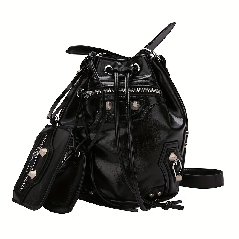 Punk Style CrossBody Bags With Coin Purse, Studded Decor Bucket Bag, Y2K PU Motorcycle Shoulder Bag