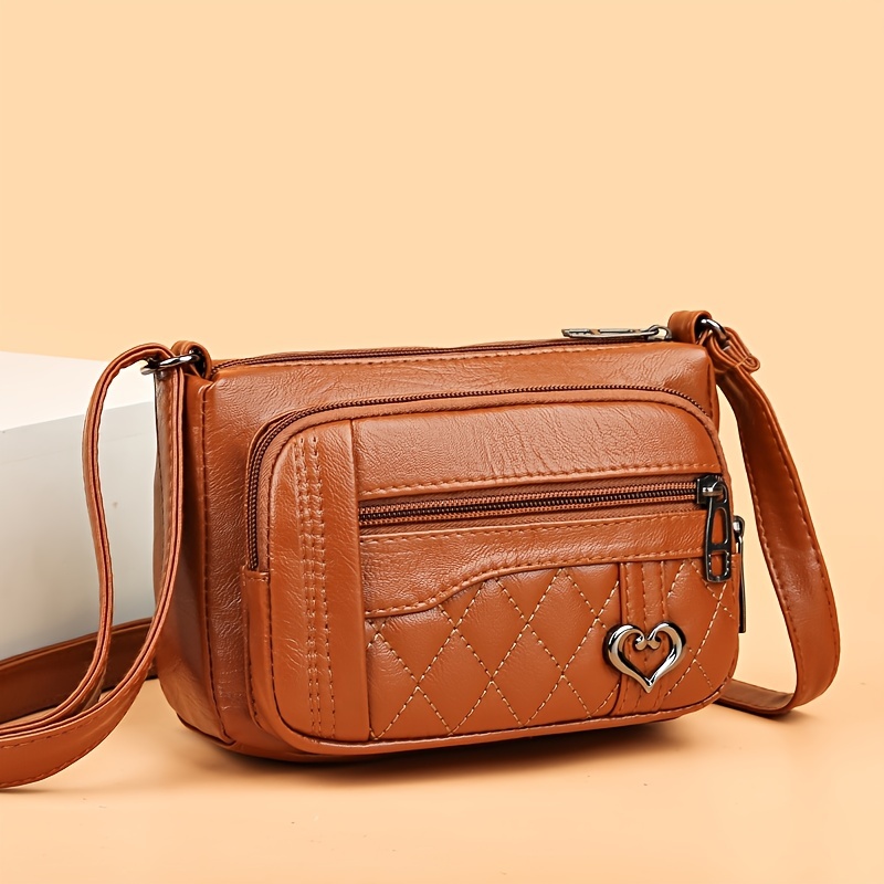 Small Quilted Detail Crossbody Bag, Women's Heart Decor Square Purse, Fashion Multi Pocket Shoulder Bag