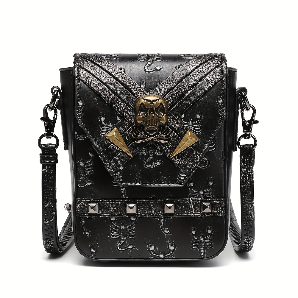 Punk Style Crossbody Bag, Halloween Skull Decor Flap Purse, Gothic PU Leather Phone Bag