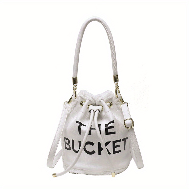 Plush Trim Bucket Bag, Letter Print Crossbody Bag, Women's Drawstring Design Handbag