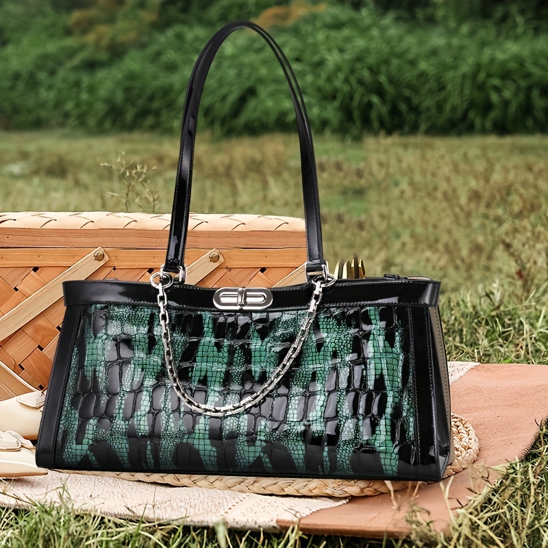 Snakeskin Embossed Tote Bag, Fashion Leather Shoulder Bag, Women's Large Capacity Satchel Purse