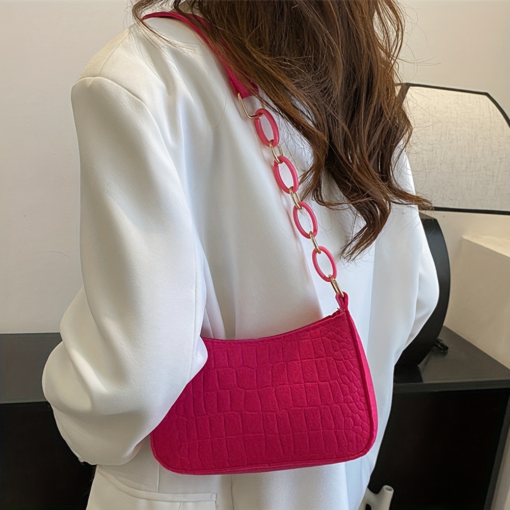 Crocodile Embossed Shoulder Bag, Fashion Chain Felt Purse, Women's Solid Color Handbag