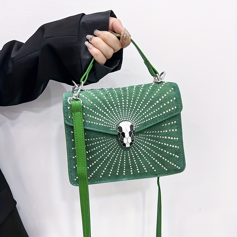 Rhinestone Decor Handbag, Snake Head Buckle Crossbody Bag, Women's Small Flap Square Purse