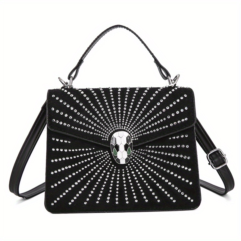 Rhinestone Decor Handbag, Snake Head Buckle Crossbody Bag, Women's Small Flap Square Purse