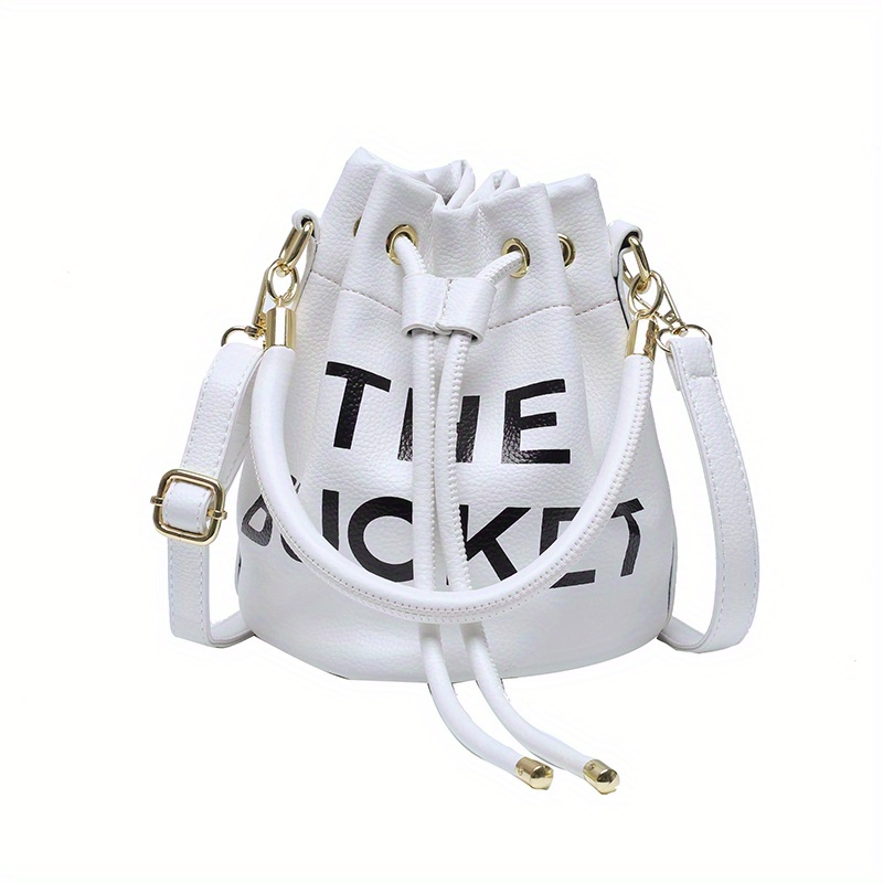 Small Bucket Bag For Women, Mini Letter Print Handbag, Drawstring Design Crossbody Purse (7.48*7.48*7.48) Inch