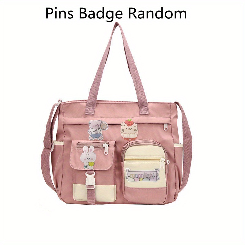 Waterproof Nylon Shoulder Bag, Women's Cartoon Badge Decor Crossbody Zipper Purse For Students