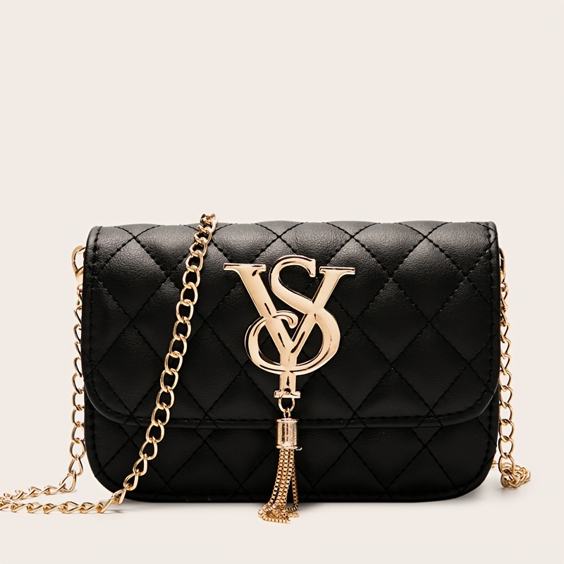 Argyle Quilted Chain Shoulder Bag, Women's Tassel Decor Flap Purse, Mini PU Leather Crossbody Bag (7*2.1*5.1) Inch