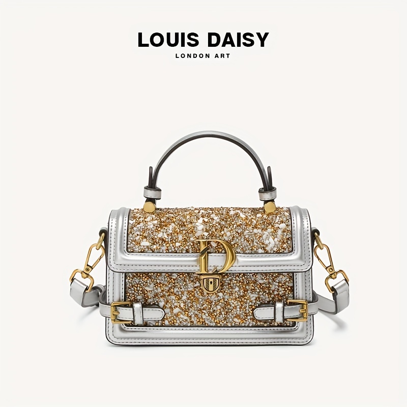 Sequins Handbags For Women, Trendy Metal Decor Crossbody Bag, Vintage Flap Square Purse For Evening Party