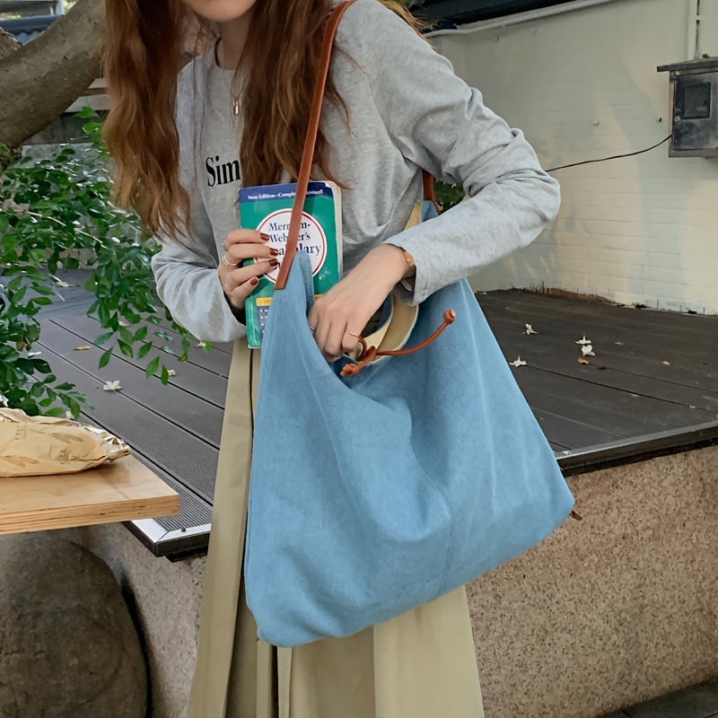 Simple Denim Hobo Bag, Trendy Large Capacity Shoulder Bag, Women's Solid Color Tote Bag