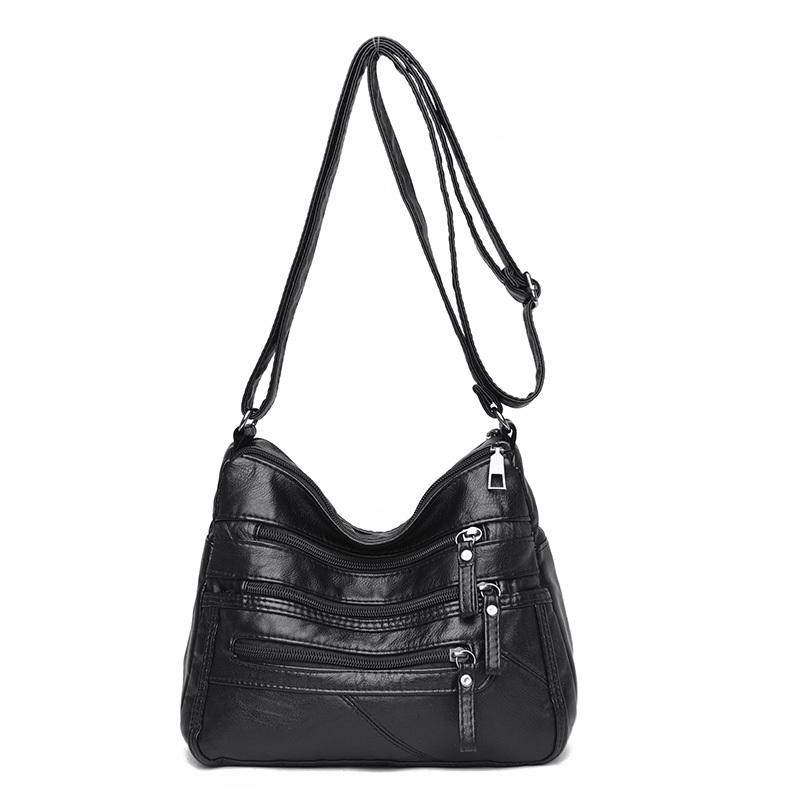 Multi Zipper Crossbody Bag, Middle Aged Solid Color Shoulder Purses, Soft Pu Leather Bag For Ladies