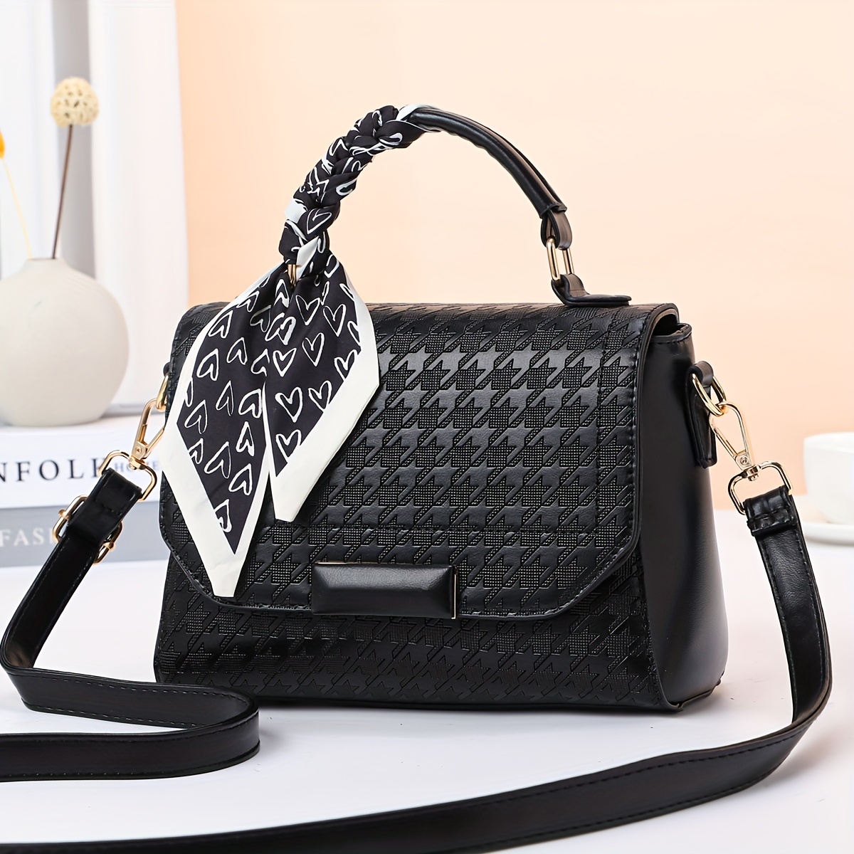 Houndstooth Pattern Messenger Bag, Scarf Design PU Leather Crossbody Bag, Versatile Commuter Handbag