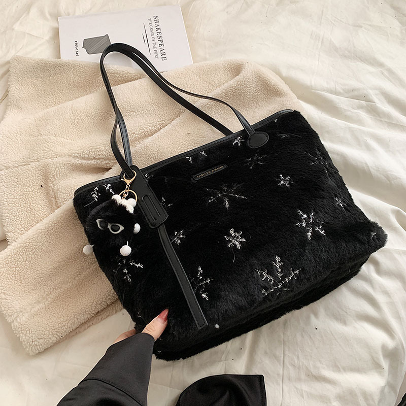 Sequin Snowflake Decor Plush Tote Bag, Women's Niche Design Shoulder Bag, Fashion Handbag With Pompom Ball