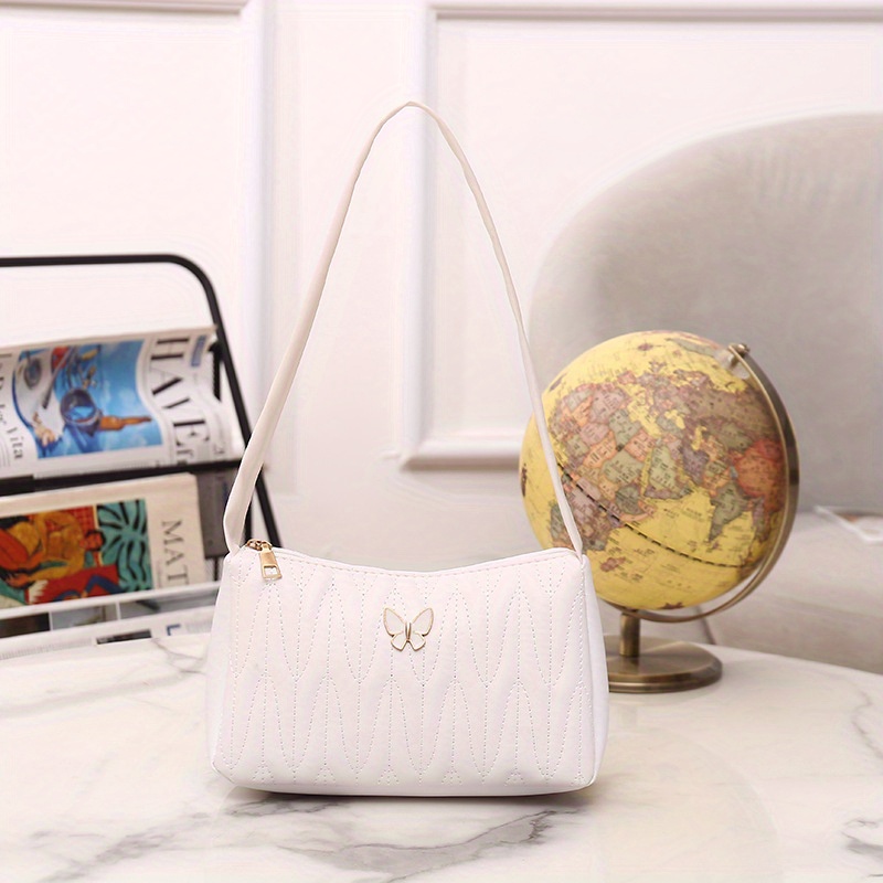 Argyle Quilted Shoulder Bag, Butterfly Decor Underarm Purse, Women's PU Leather Handbag