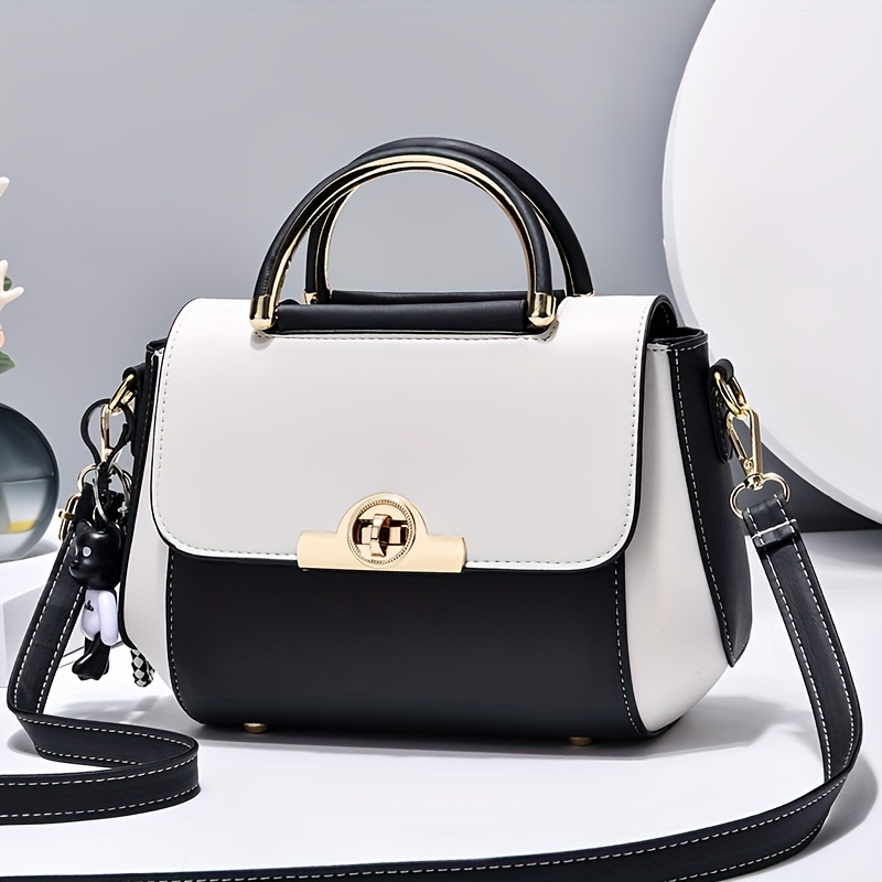 Fashion Two Tone Handbag, Women's Turn Lock Flap Purse, Faux Leather Crossbody Bag For Everyday
