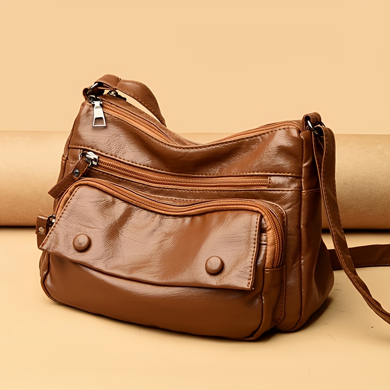 Middle-aged Women's Crossbody Bag, Multi Zipper Shoulder Bag For Mother, Buckle Decor Bag